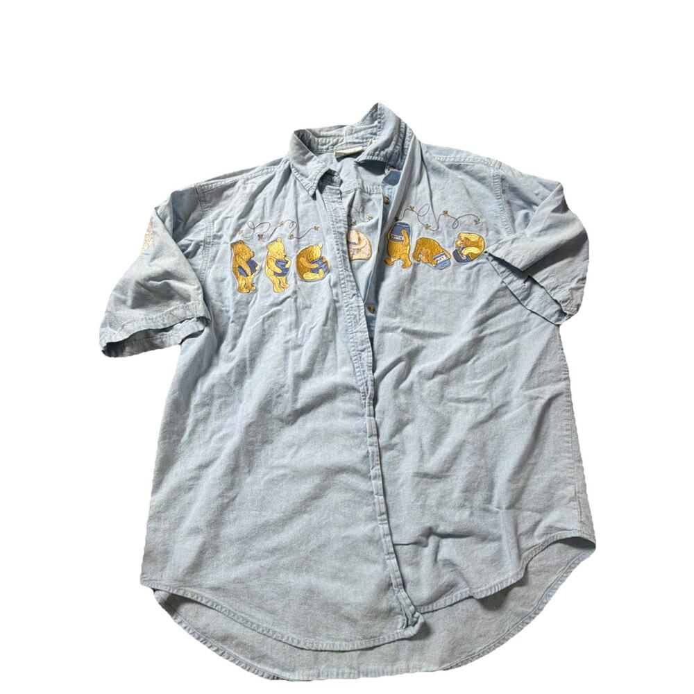 VNTG Disney Classic Winnie POOH Denim Shirt Button Up Sz l /XLEmbroidered (AD19)